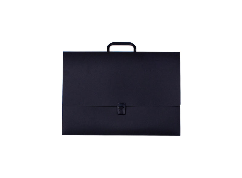 Foldermate A3 artist portfolio in black, flat front view showing the top carry handle and press clip closure