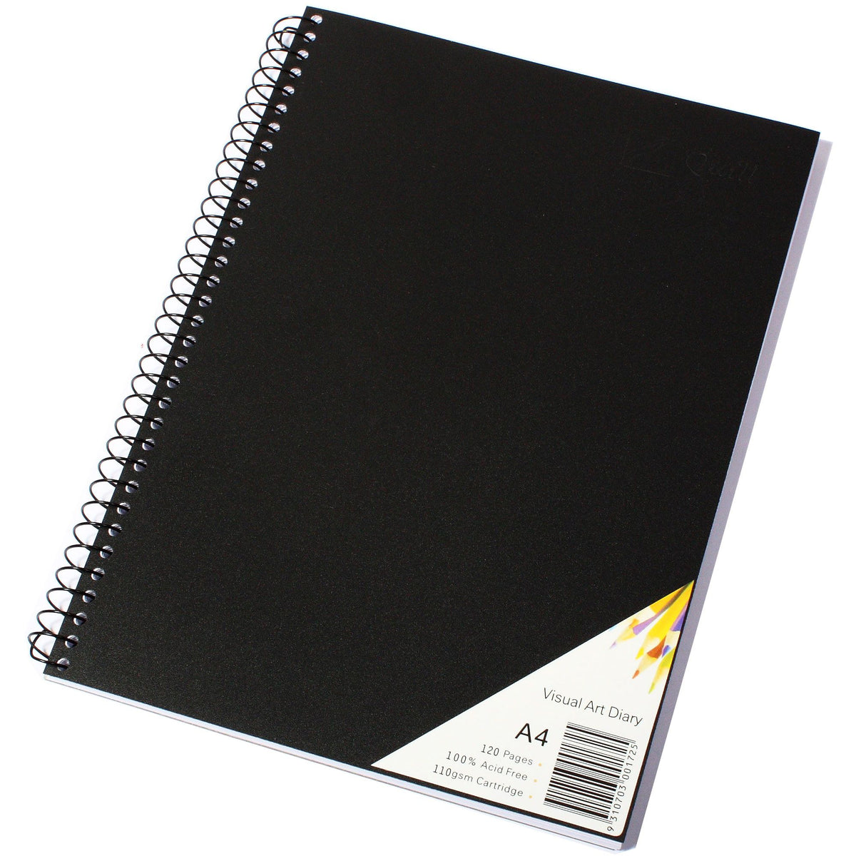 Quill Visual Art Diary A4 angled on a white background showing the black cover, black spiral binding and the A4 corner label