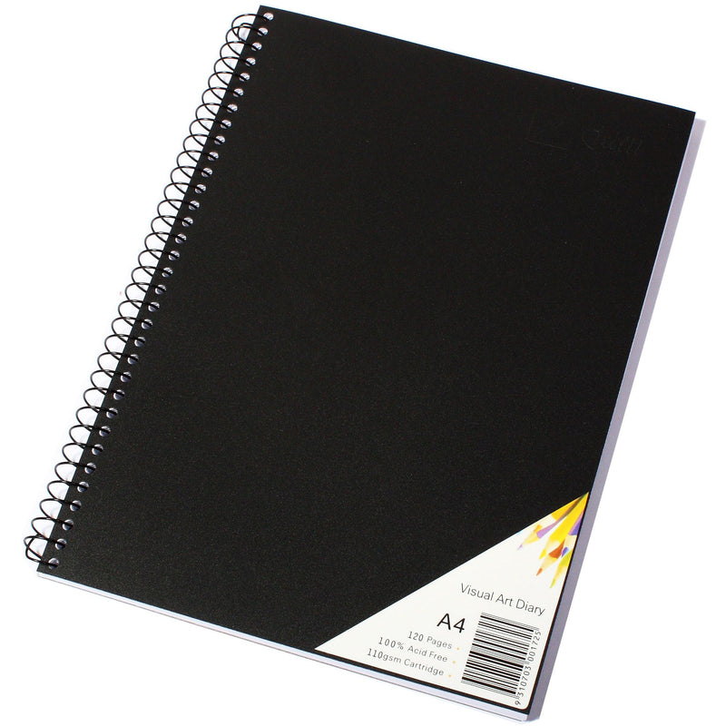 Quill Visual Art Diary A4 angled on a white background showing the black cover, black spiral binding and the A4 corner label