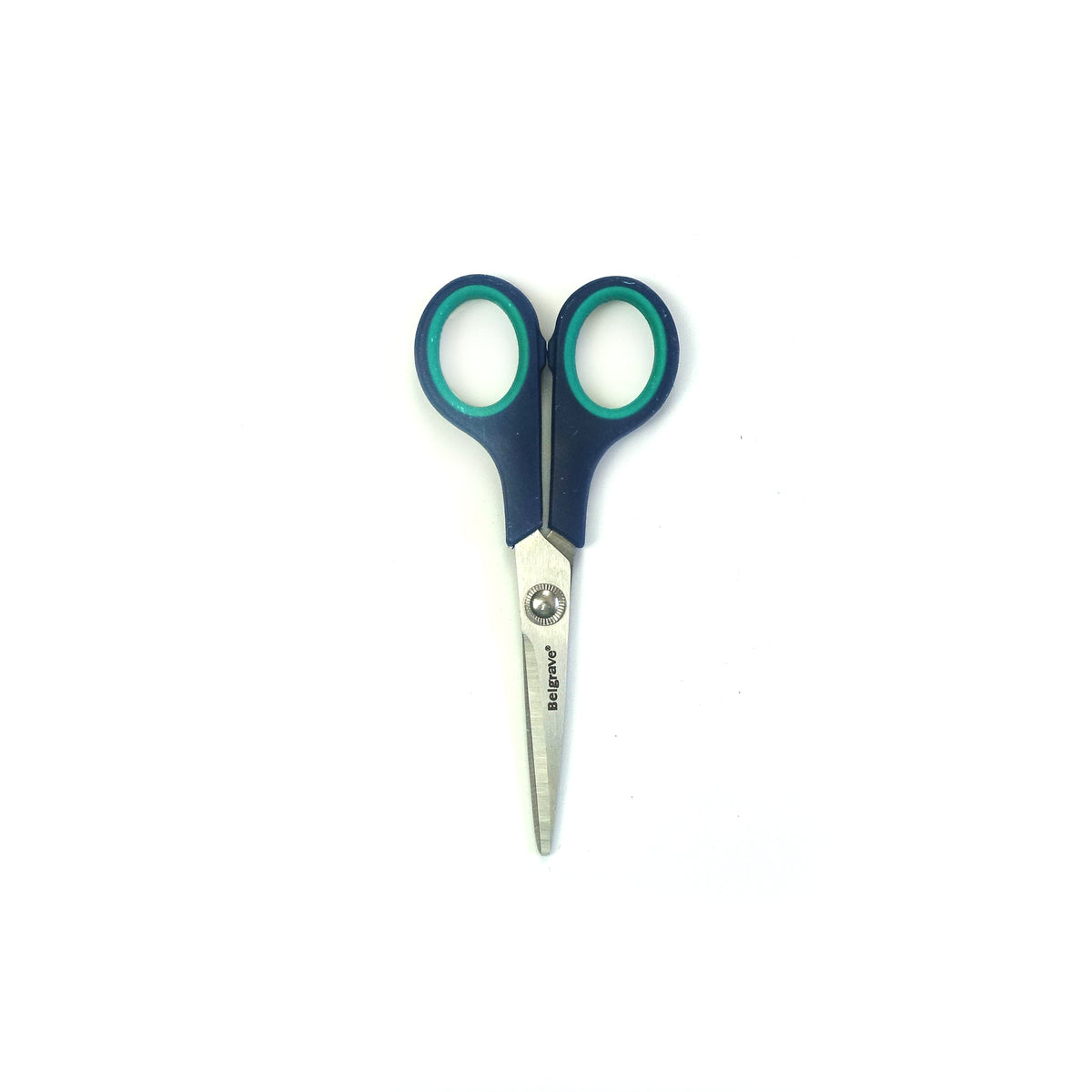 Belgrave SC1 scissors out of the pack, closed, with blue and green soft handles