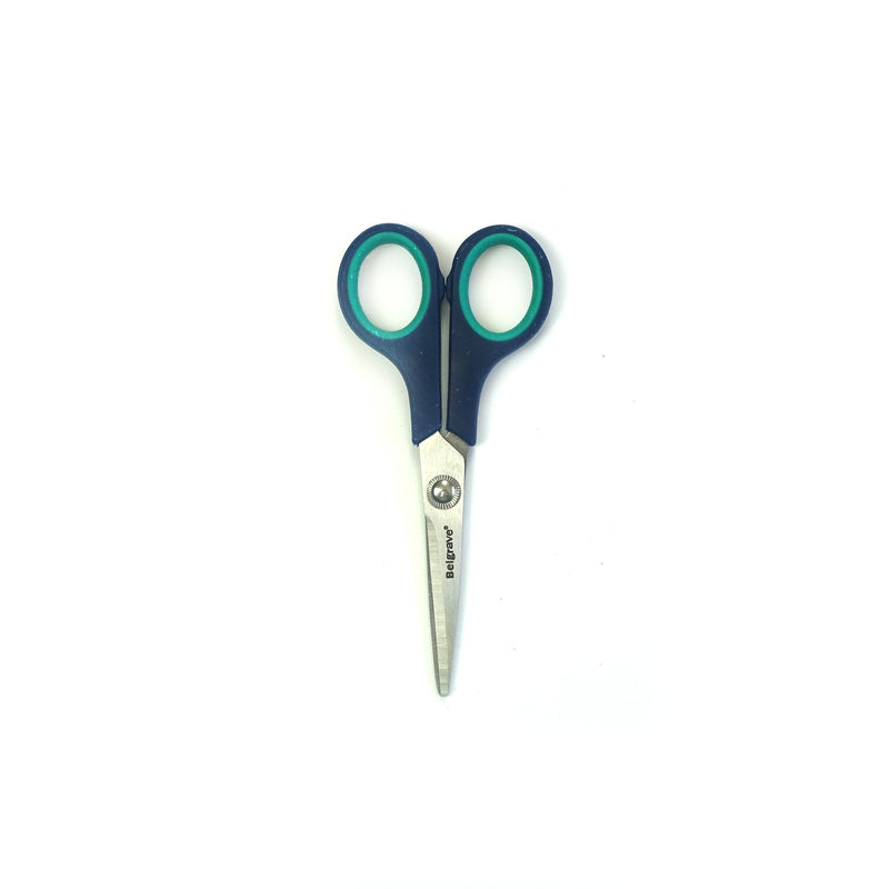 Belgrave SC1 scissors out of the pack, closed, with blue and green soft handles