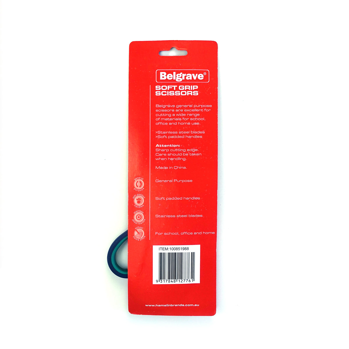 Back of the Belgrave SC3 blister card with features, handling note, Made in China and barcode