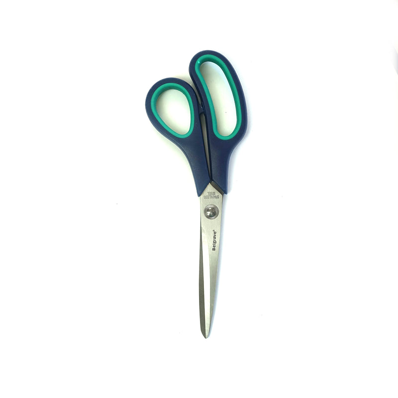 Belgrave SC3 scissors out of the pack, closed, with blue and green soft handles