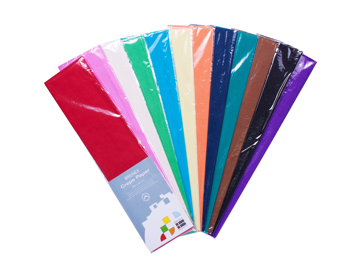 Brenex Crepe Paper assorted pack, Hamelin photo of 12 colours fanned out from a single labelled hangsell pack