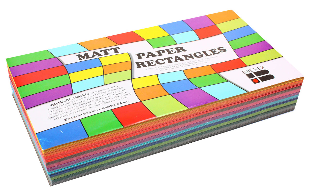 Closed stack of Brenex Matt Paper Rectangles with a chequered rainbow label reading 254mm rectangles in assorted colours and multicoloured sheet edges along the side
