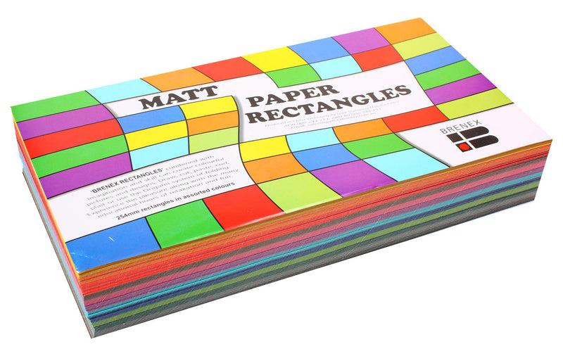 Closed stack of Brenex Matt Paper Rectangles with a chequered rainbow label reading 254mm rectangles in assorted colours and multicoloured sheet edges along the side