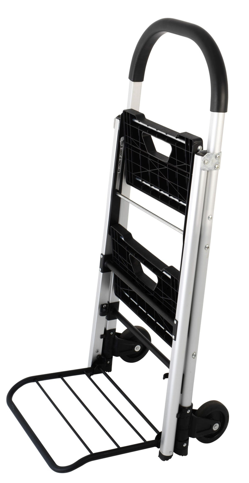Durus Folding 2 Step Ladder and Trolley 100852030 set up as a hand trolley, steps folded flat against the silver frame with the black wire nose plate lowered