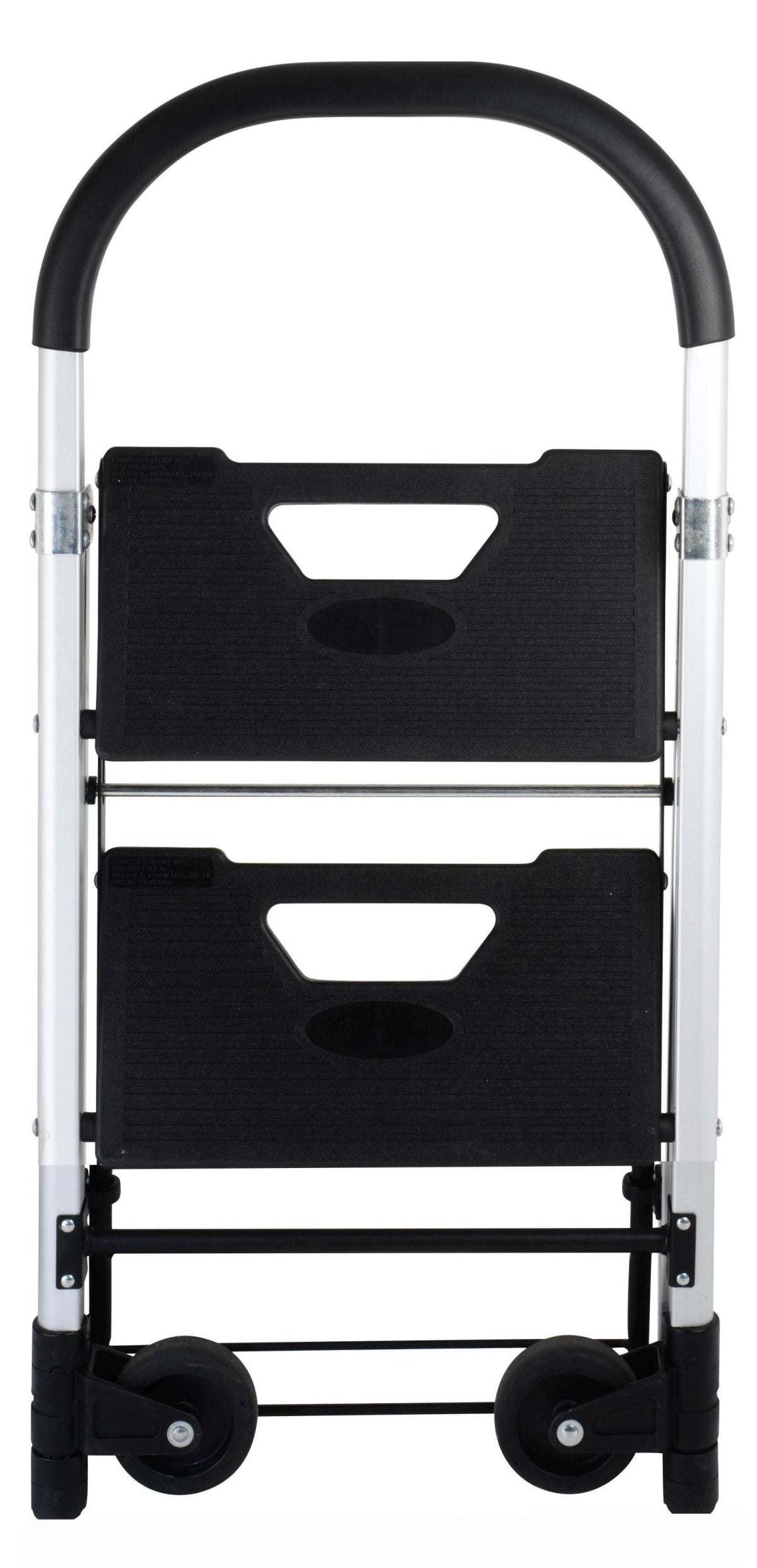 Durus Folding 2 Step Ladder and Trolley 100852030 folded, front view showing two black steps against the silver frame, curved black handle and two black wheels