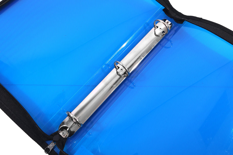 Close view inside the blue Foldermate Pop Gear zipper binder, showing the three silver O rings on the metal ring mechanism against the translucent blue ribbed cover