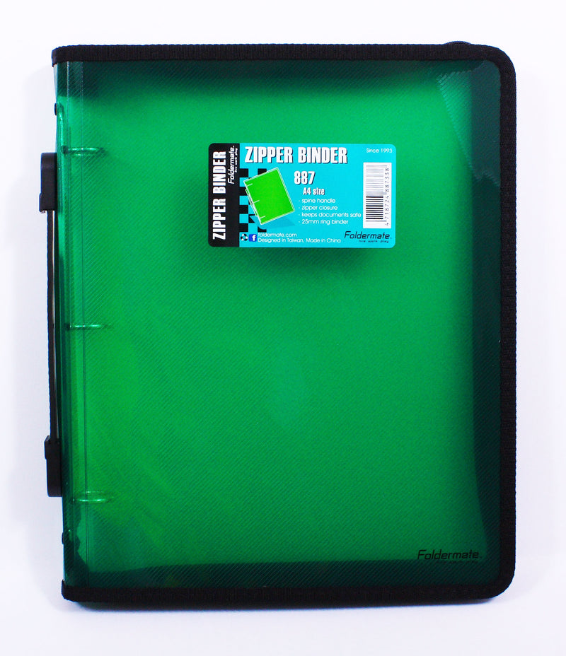 Front of the green Foldermate Pop Gear zipper binder with its pack label reading Zipper Binder, A4 size, spine handle, zipper closure and 25mm ring binder, handle on the left spine