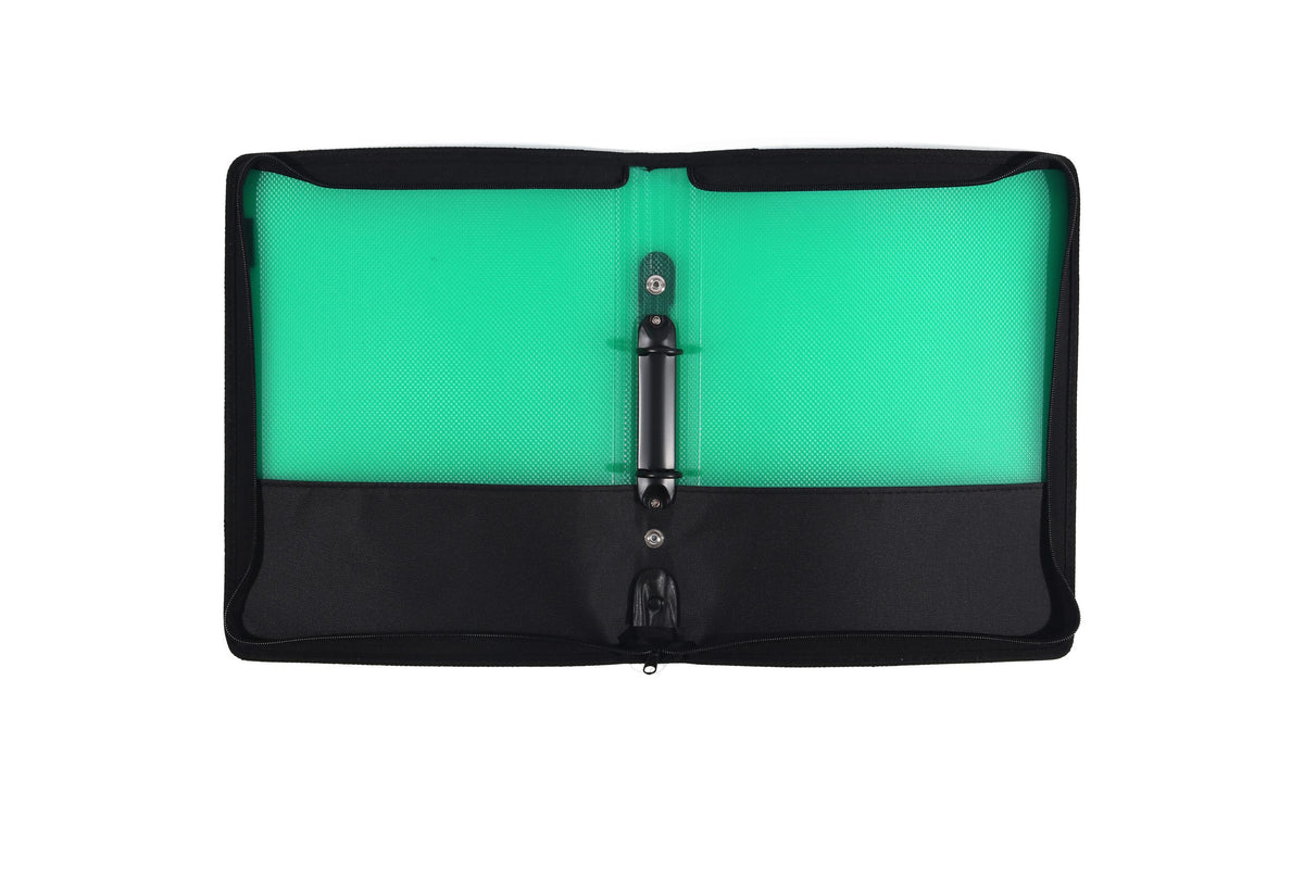 Foldermate zipper binder folio in green opened flat, showing the two black 25mm O rings on the spine and the black lower panels inside both covers