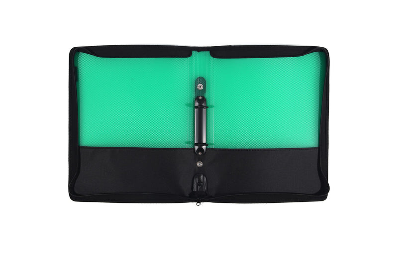 Foldermate zipper binder folio in green opened flat, showing the two black 25mm O rings on the spine and the black lower panels inside both covers