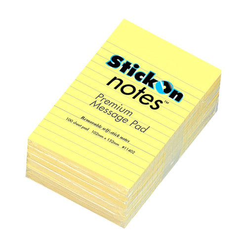 STICK ON 100852302 (11402) NOTES RULED 102MM X 152MM 6 PADS X 100 SHEETS YELLOW