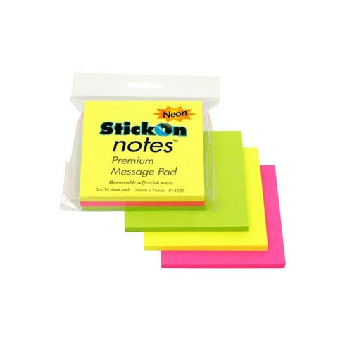 STICK ON 100852309 (13239) NOTES 76MM X 76MM 3 PADS X 50 SHEETS NEON ASSORTED - PACK OF 24
