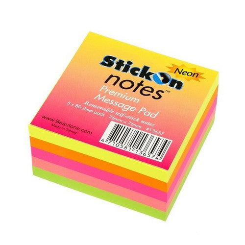 STICK ON 100852310 (13657) NOTES 76MM X 76MM 5 PADS X 80 SHEETS NEON ASSORTED - PACK OF 12