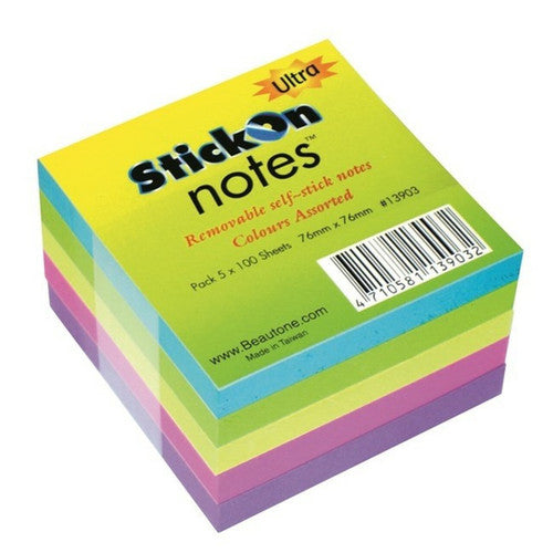 STICK ON 100852313 (13903) NOTES 76MM X 76MM 5 PADS X 100 SHEETS ULTRA ASSORTED - PACK OF 12