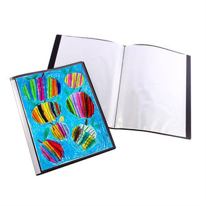 Two black Quill fixed insert display books, one open showing clear pockets and one closed with a painted artwork in the front cover pocket