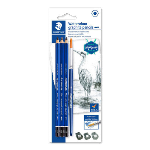 Staedtler 100A SBK4 Mars Lumograph Aquarell Watercolour Pencil 3 Assorted + Brush Card of 4 (10 Cards)