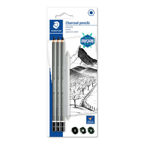 Staedtler 100C SBK4 Mars Lumograph Charcoal Pencils 3 Assorted + Stump Card of 4 (10 Cards)