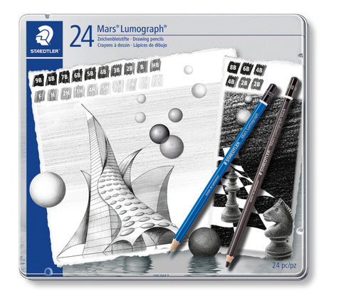Staedtler 100 G24 Mars Lumograph Tin of 24 Drawing Pencils