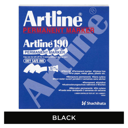 Artline 190 Permanent Marker 5mm Chisel Nib Black Box 12