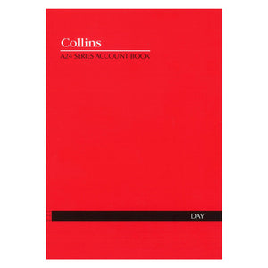 Collins 10201 A24 Day Book front cover in red, with the Collins logo, a series title line and a black label band naming the book type