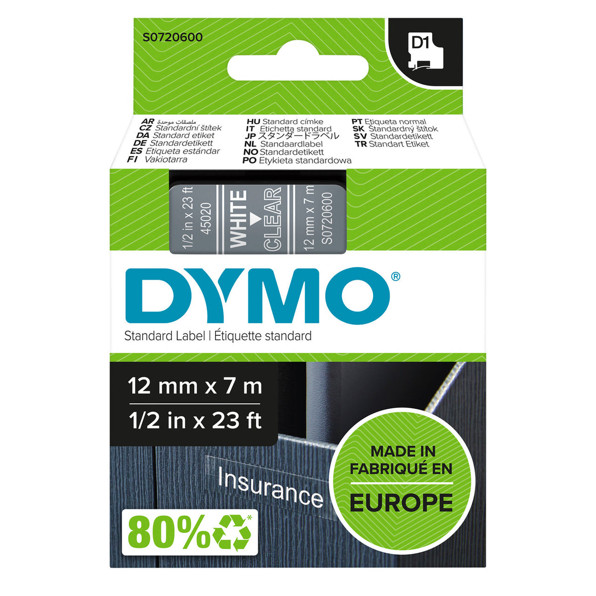 Dymo D1 label tape 12mm x 7m white on clear genuine Dymo green packaging