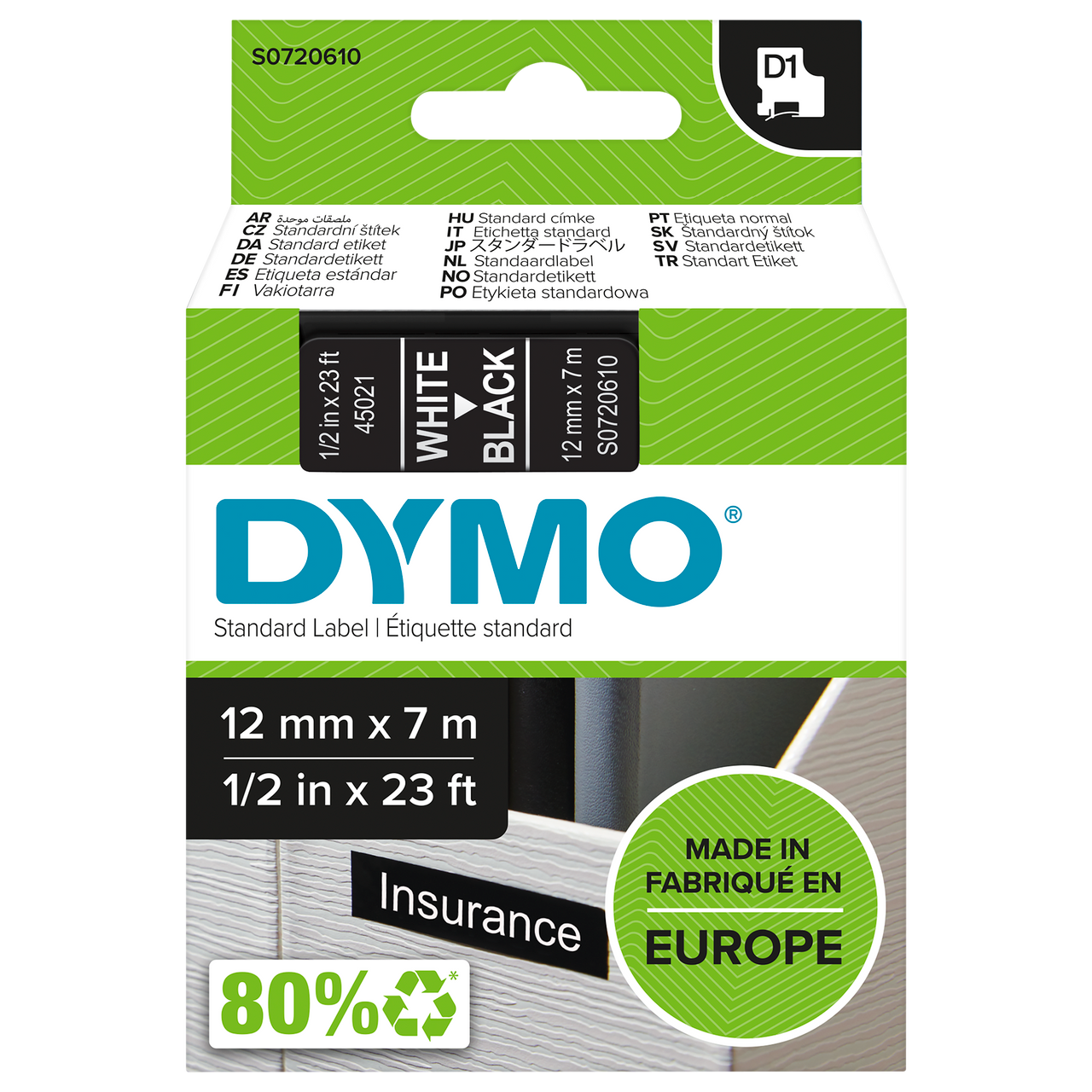 Dymo D1 label tape 12mm x 7m white on black genuine Dymo green packaging