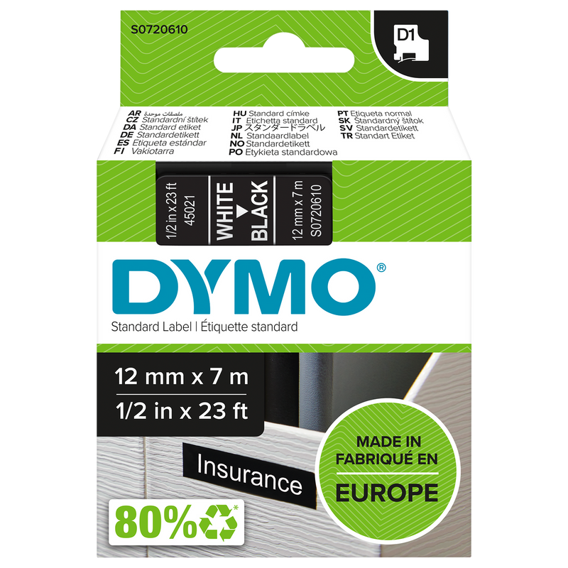 Dymo D1 label tape 12mm x 7m white on black genuine Dymo green packaging