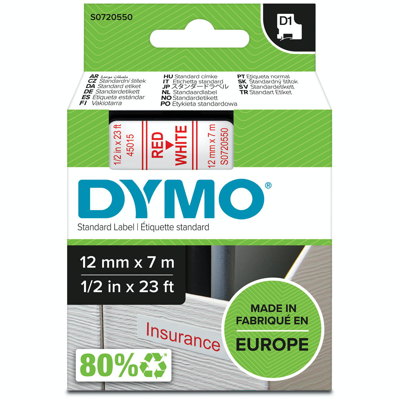 Dymo D1 label tape 12mm x 7m red on white genuine Dymo green packaging