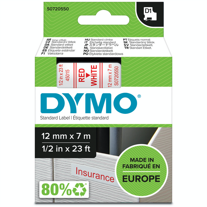 Dymo D1 label tape 12mm x 7m red on white genuine Dymo green packaging