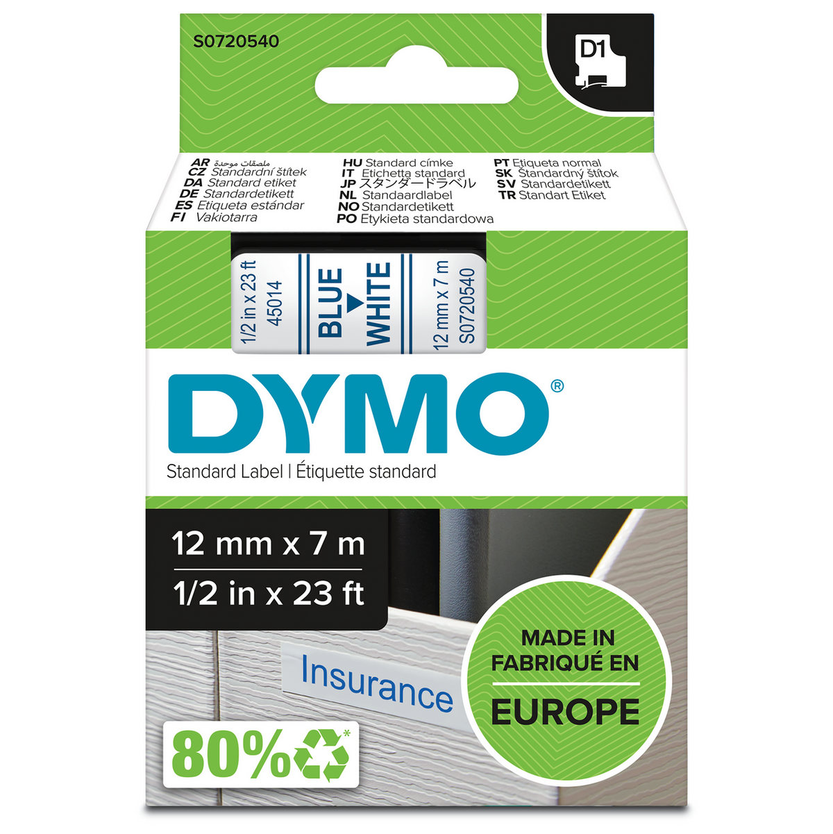 Dymo D1 label tape 9mm x 7m blue on white genuine Dymo green packaging