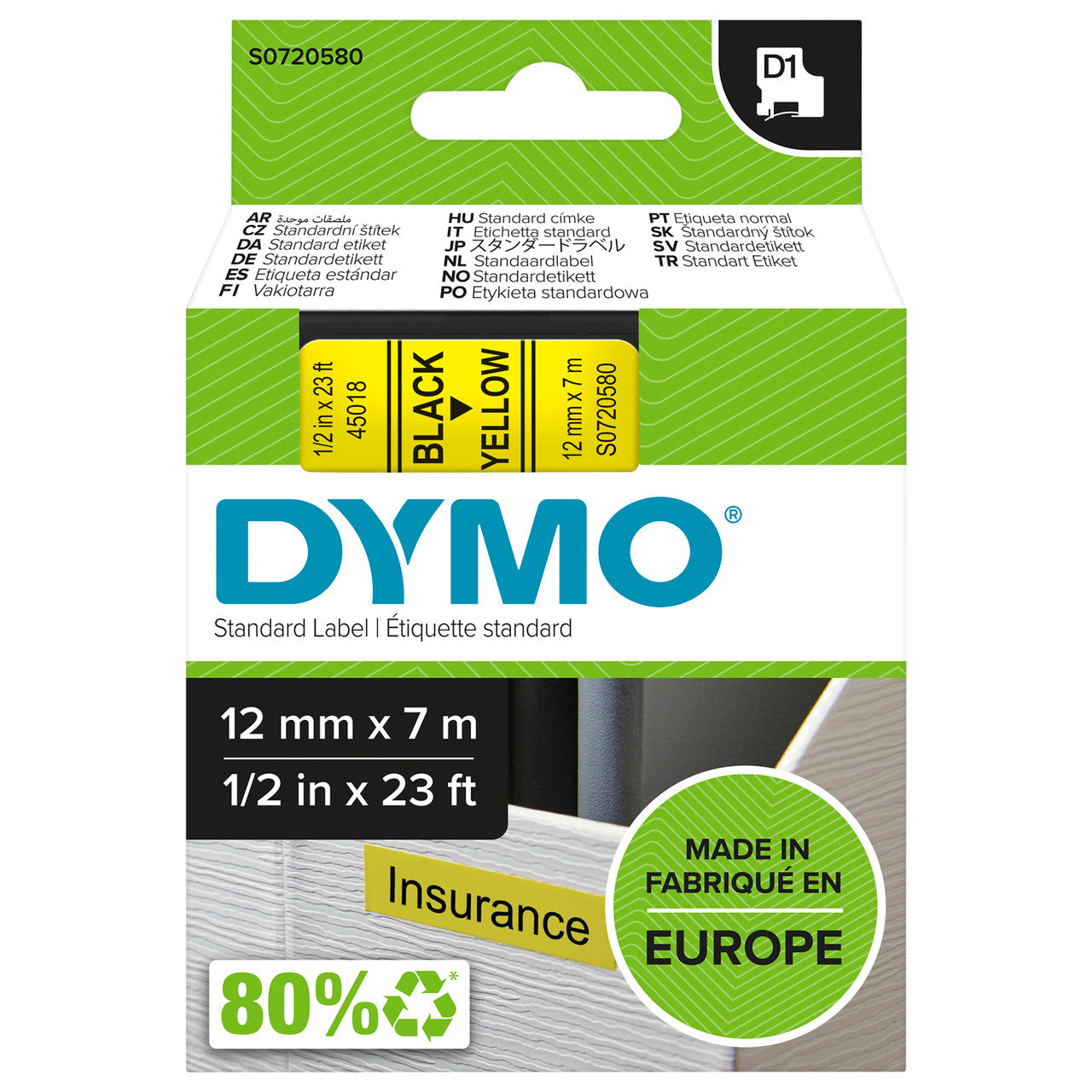Dymo D1 label tape 24mm x 7m black on yellow genuine Dymo green packaging