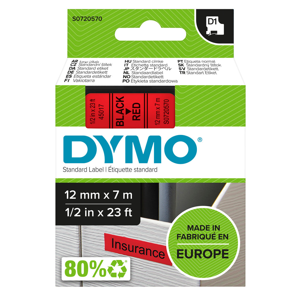 Dymo D1 label tape 19mm x 7m black on red genuine Dymo green packaging