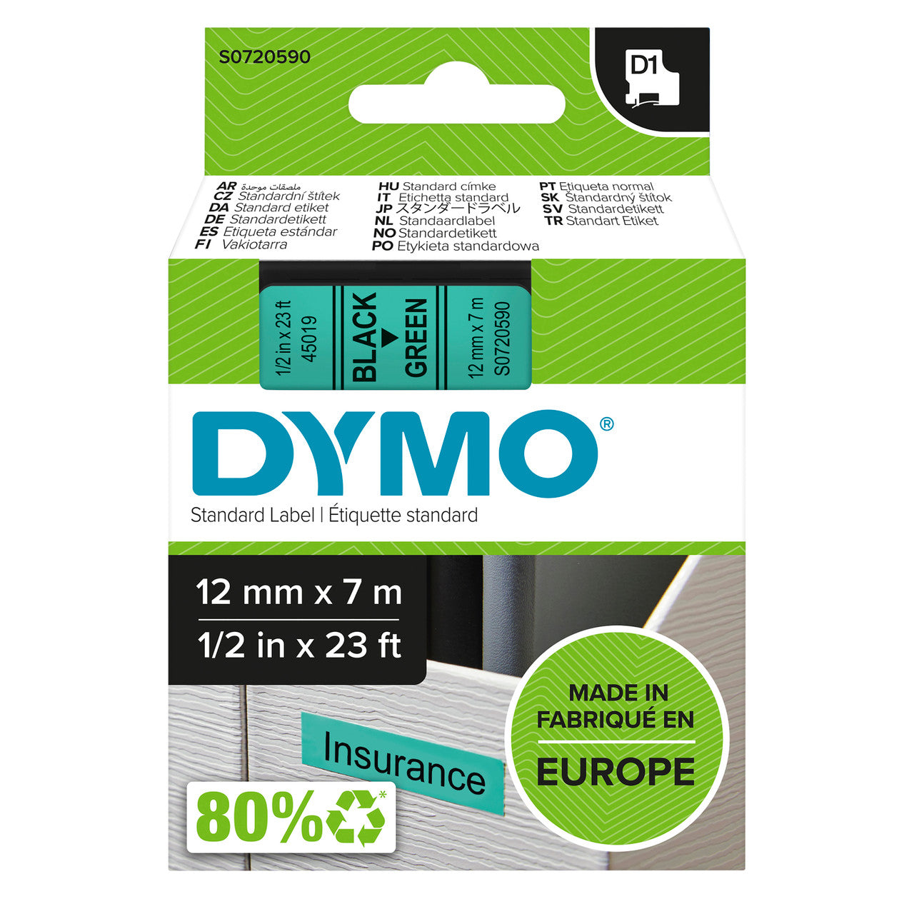 Dymo D1 label tape 12mm x 7m black on green genuine Dymo green packaging