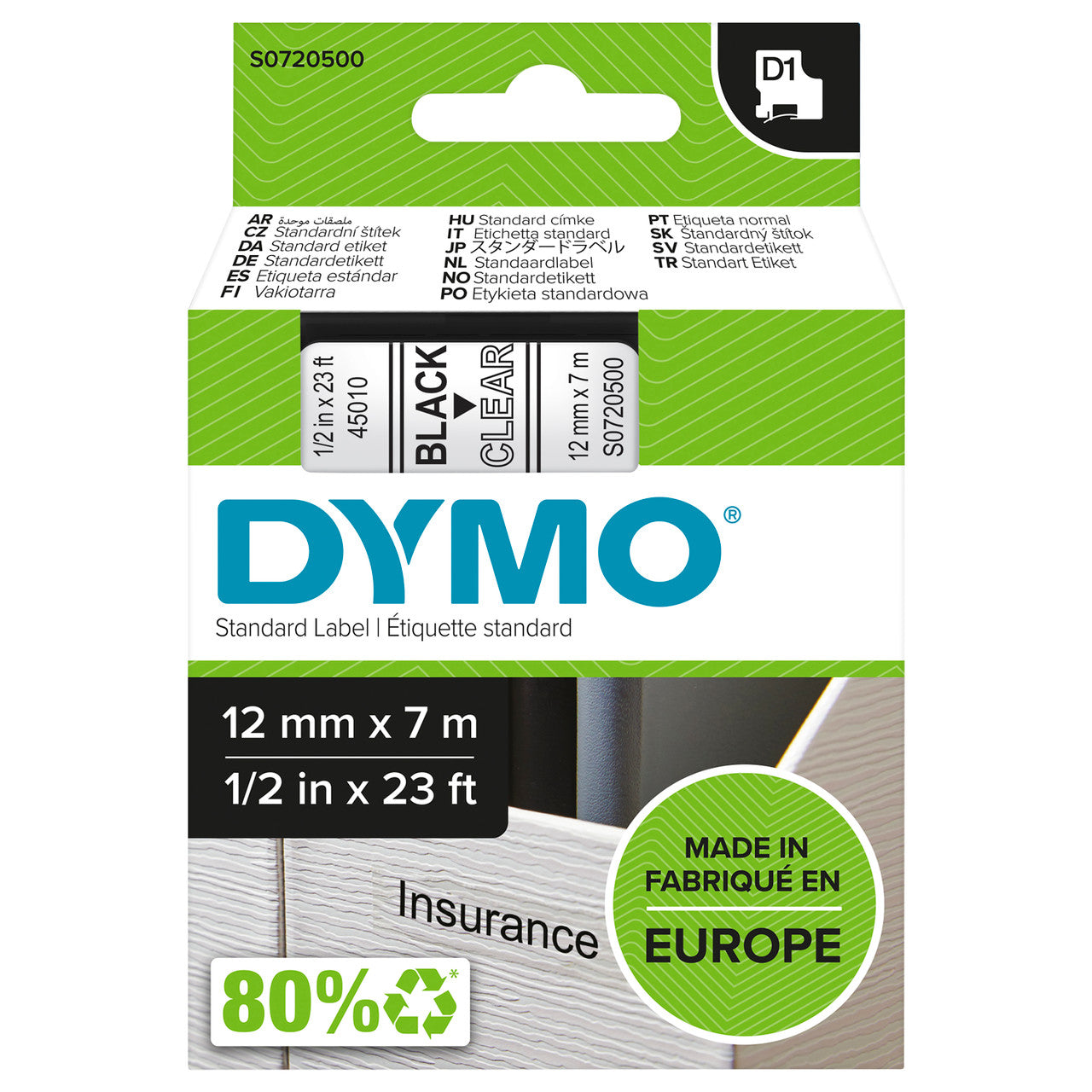 Dymo D1 label tape 24mm x 7m black on clear genuine Dymo green packaging