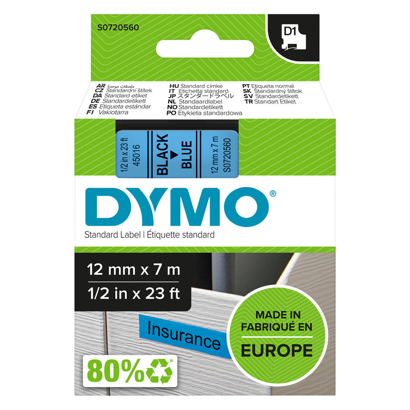 Dymo D1 label tape 19mm x 7m black on blue genuine Dymo green packaging