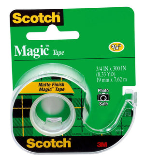 Scotch Magic Tape 105 roll on its dispenser in a green tartan card pack marked matte finish Magic Tape and photo safe