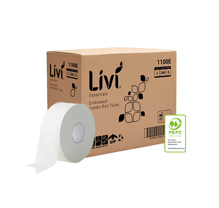 Livi 1100E Essentials embossed jumbo toilet roll carton