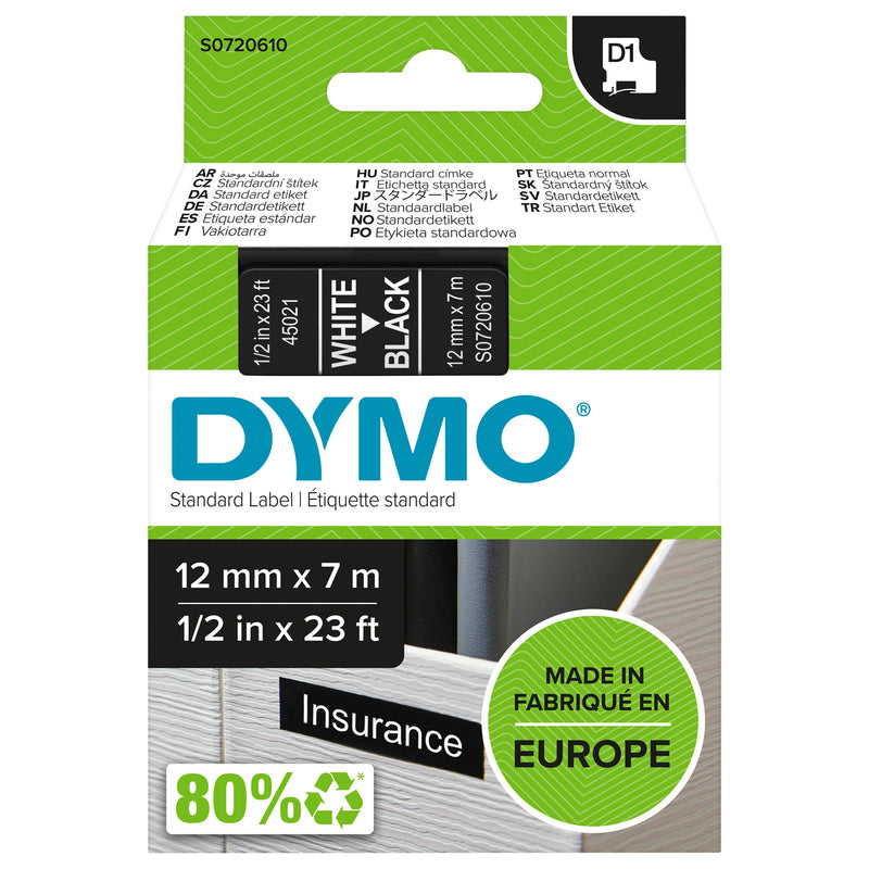 Dymo D1 Label Tape 12mm White on Black - product image
