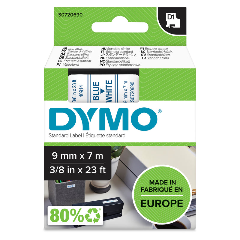 Dymo D1 Label Tape 9mm Blue on White - product image