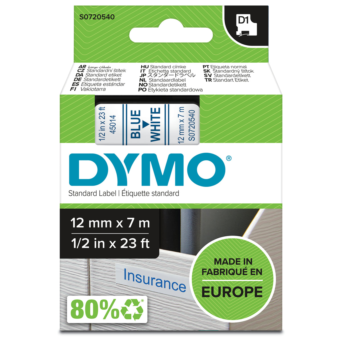 Dymo D1 Label Tape 12mm Blue on White - product image