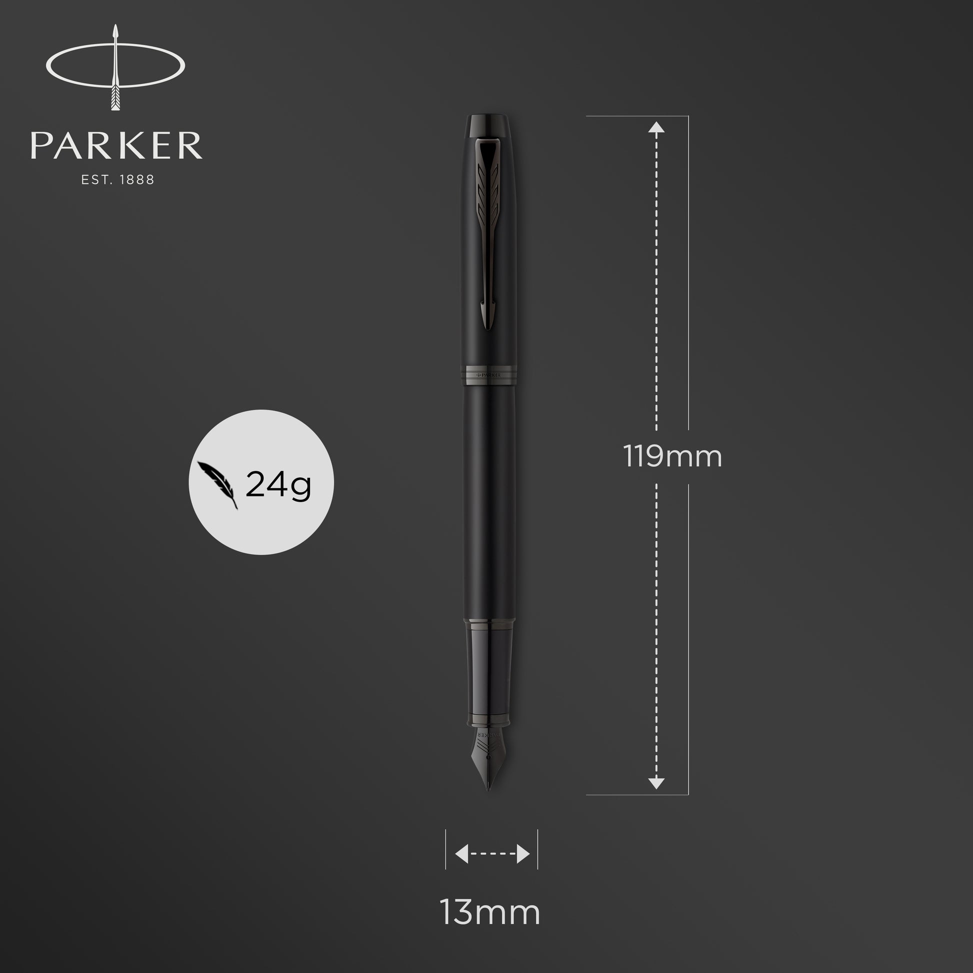 Parker IM Achromatic Fountain Pen Matte Black Lacquer Black Trim Medium Nib