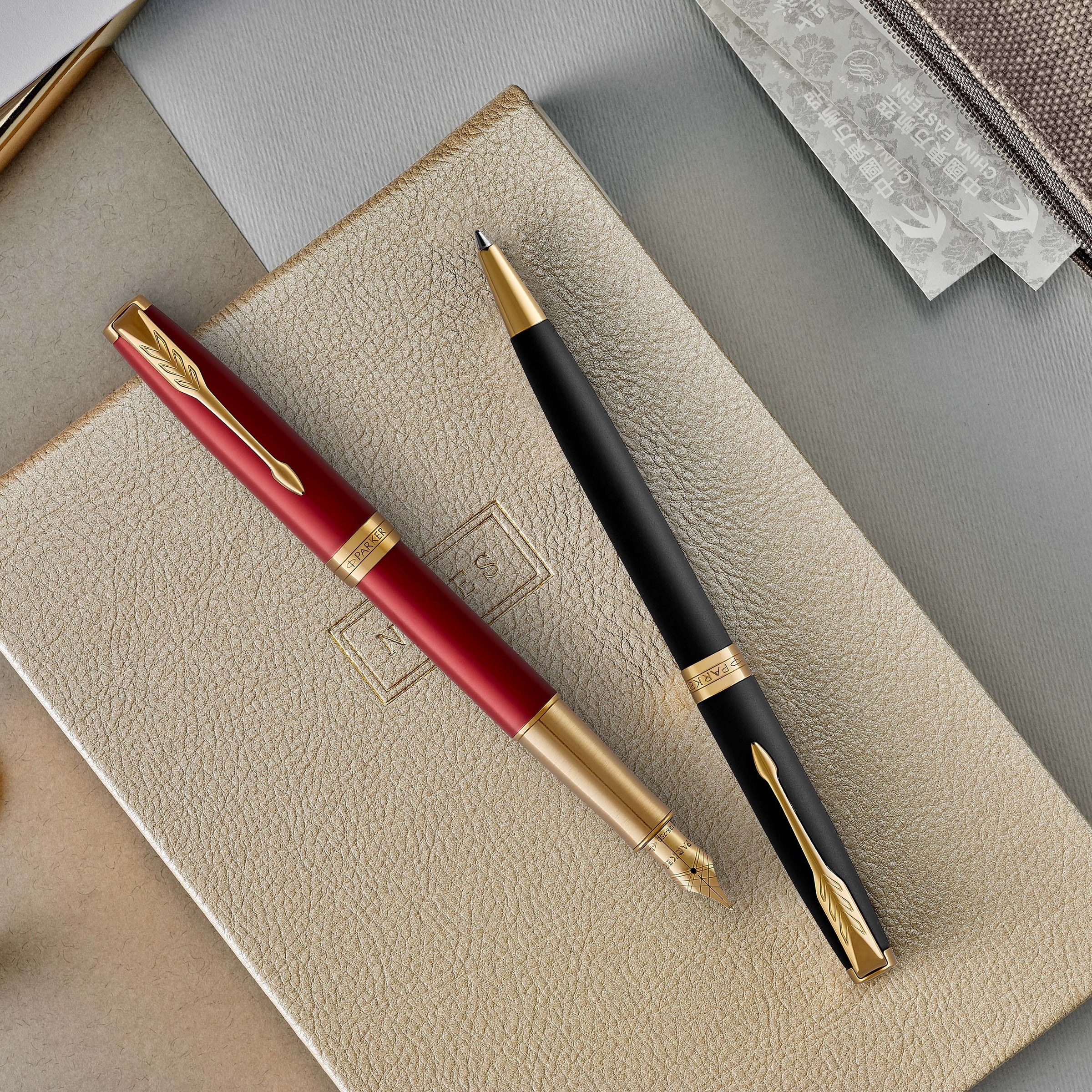 Parker Sonnet Ballpoint Pen Red Lacquer and Gold Trim Medium Tip