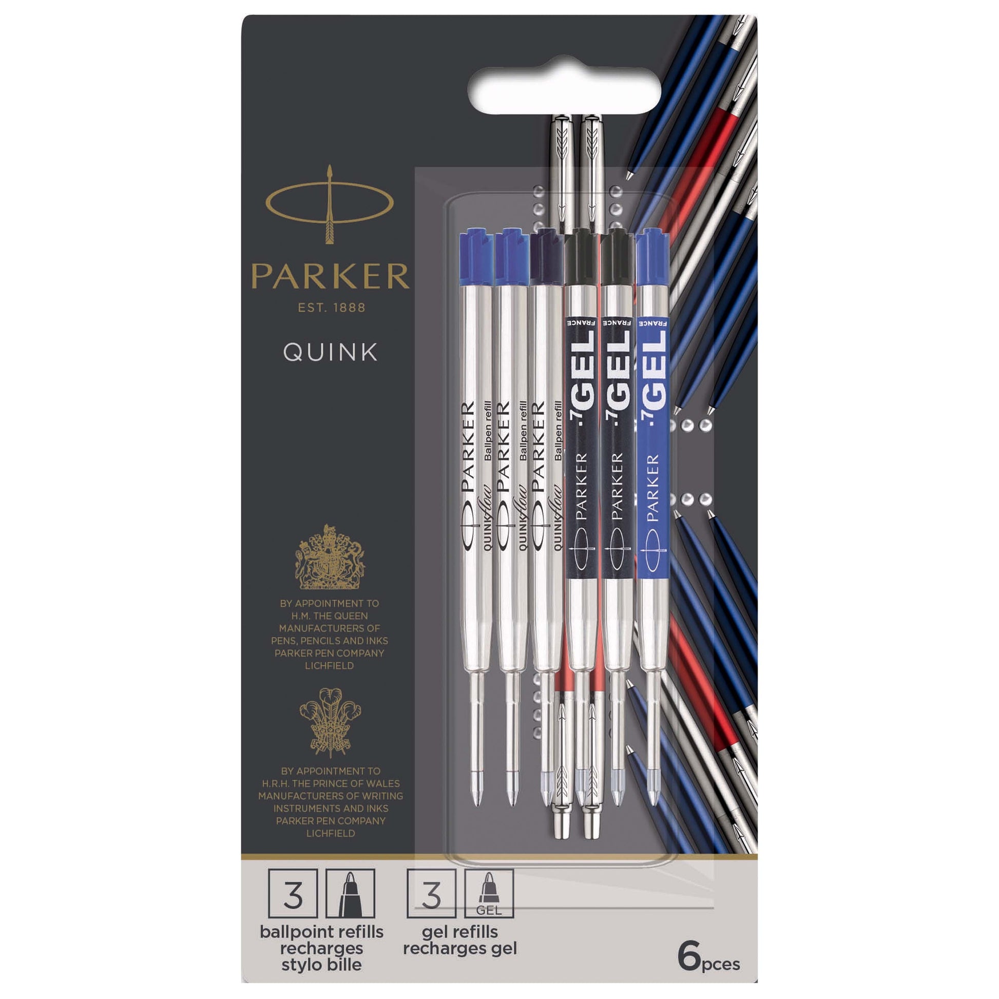 Parker Jotter Black Ballpoint and Blue Gel Refill Pack of 6