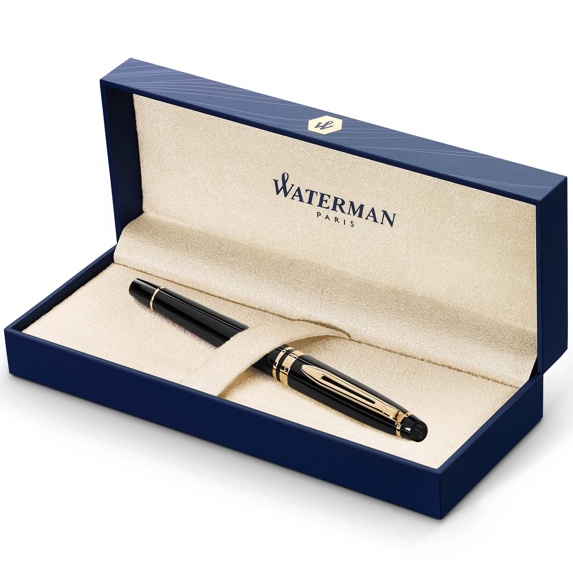 Waterman Expert Black Lacquer Gold Trim Rollerball Pen in Box