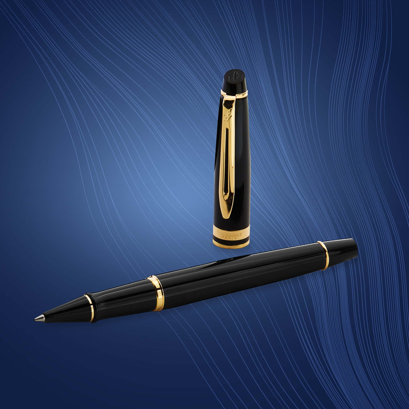 Waterman Expert Black Lacquer Gold Trim Rollerball Pen in Box