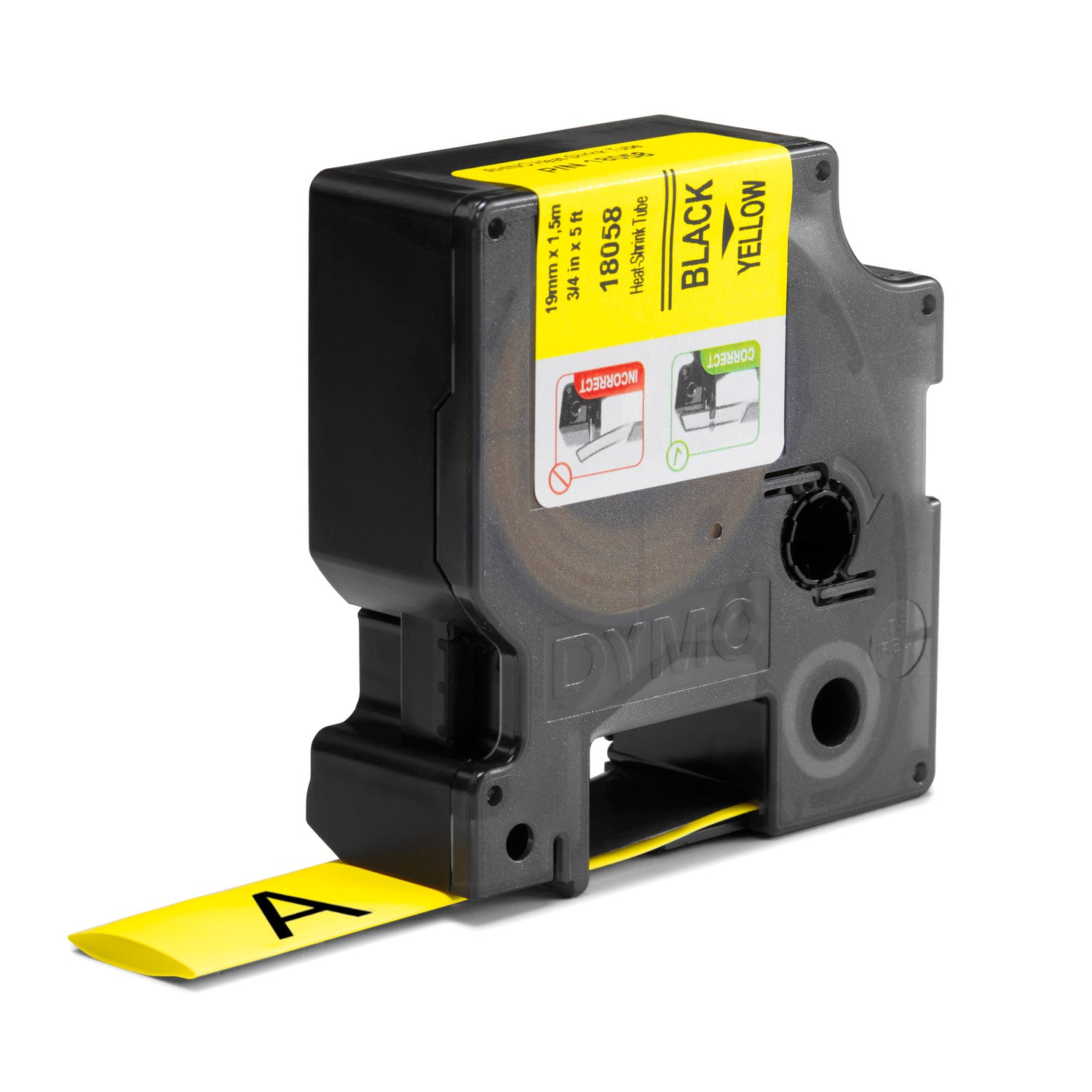 Dymo label tape cartridge with black text on yellow tape, on a white background