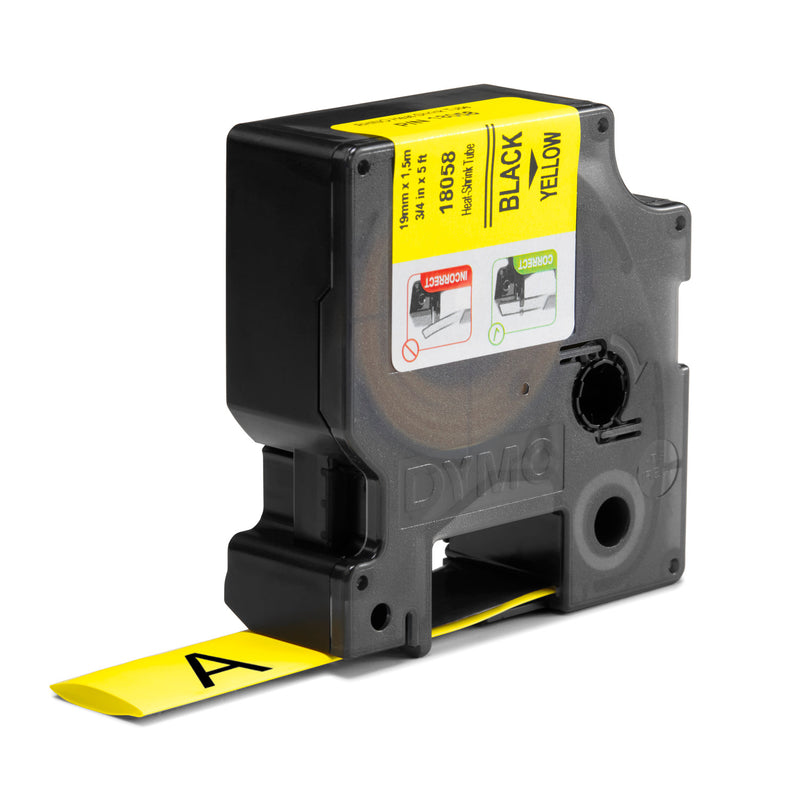 Dymo label tape cartridge with black text on yellow tape, on a white background