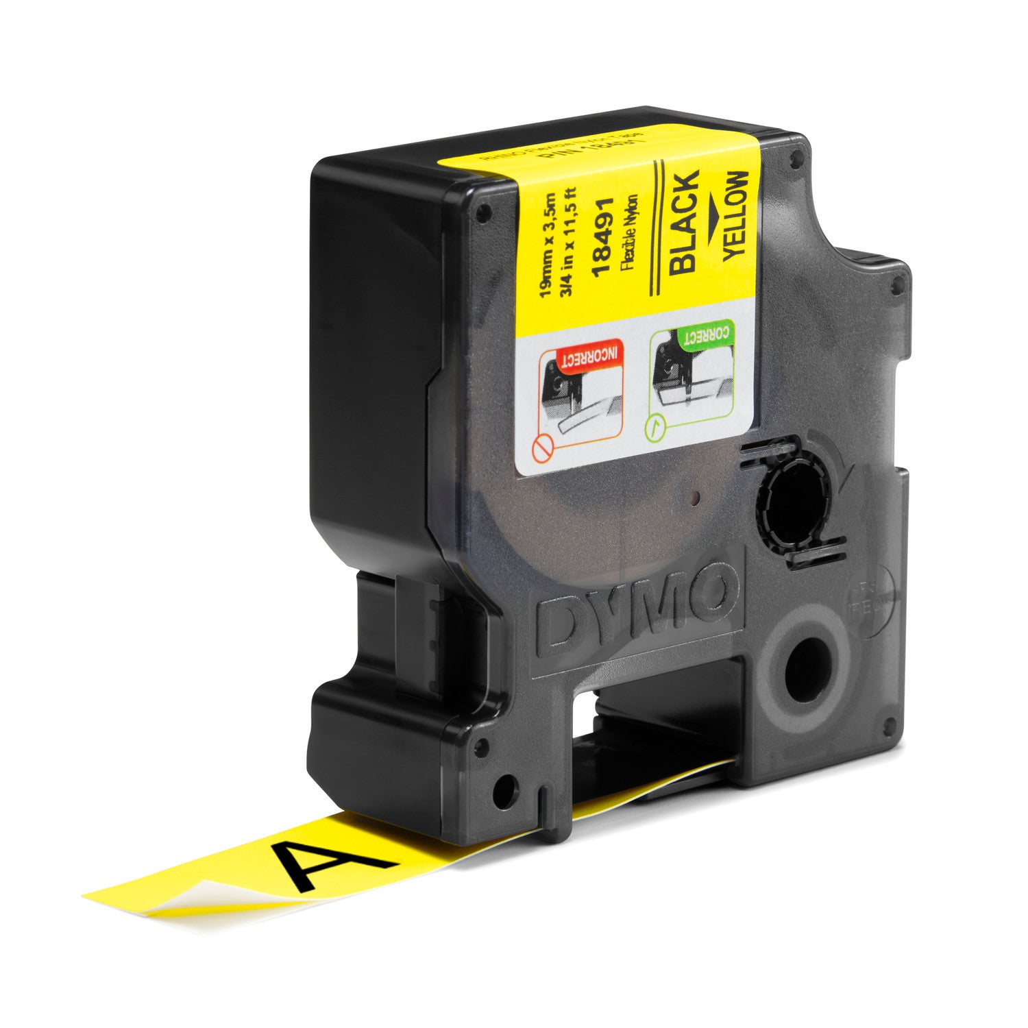 Dymo label tape with black text on yellow background